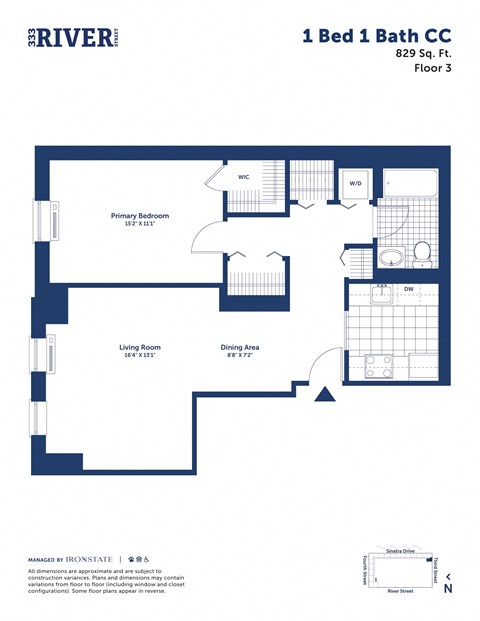 Floor plan for 1 bed, 1 bath, 829 sqft